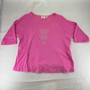 Quacker Factor 1/2 Short Sleeve Shirt Top Pink Rhinestone Heart Womens Size 1X